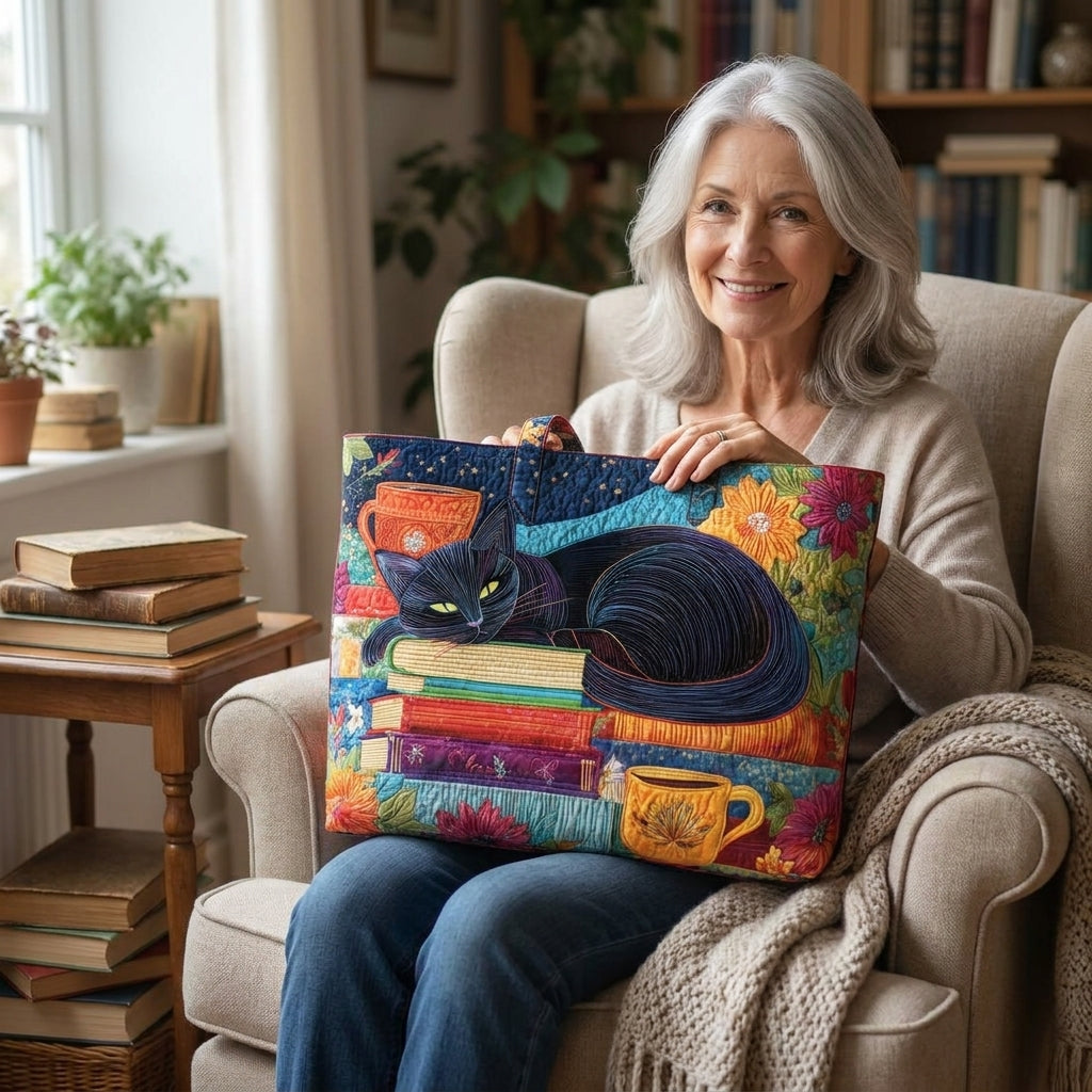 Bolso Artesanal – Gato Negro con Libros y Tazas