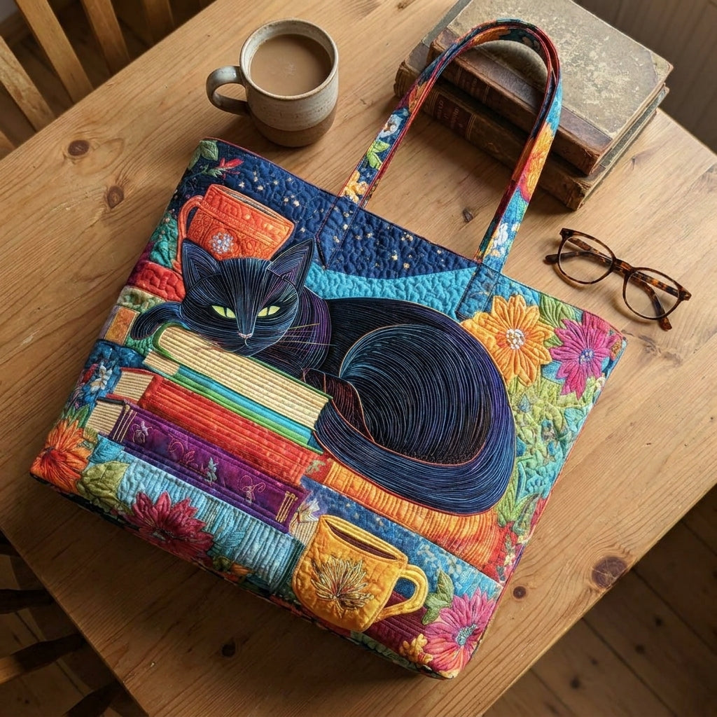 Bolso Artesanal – Gato Negro con Libros y Tazas