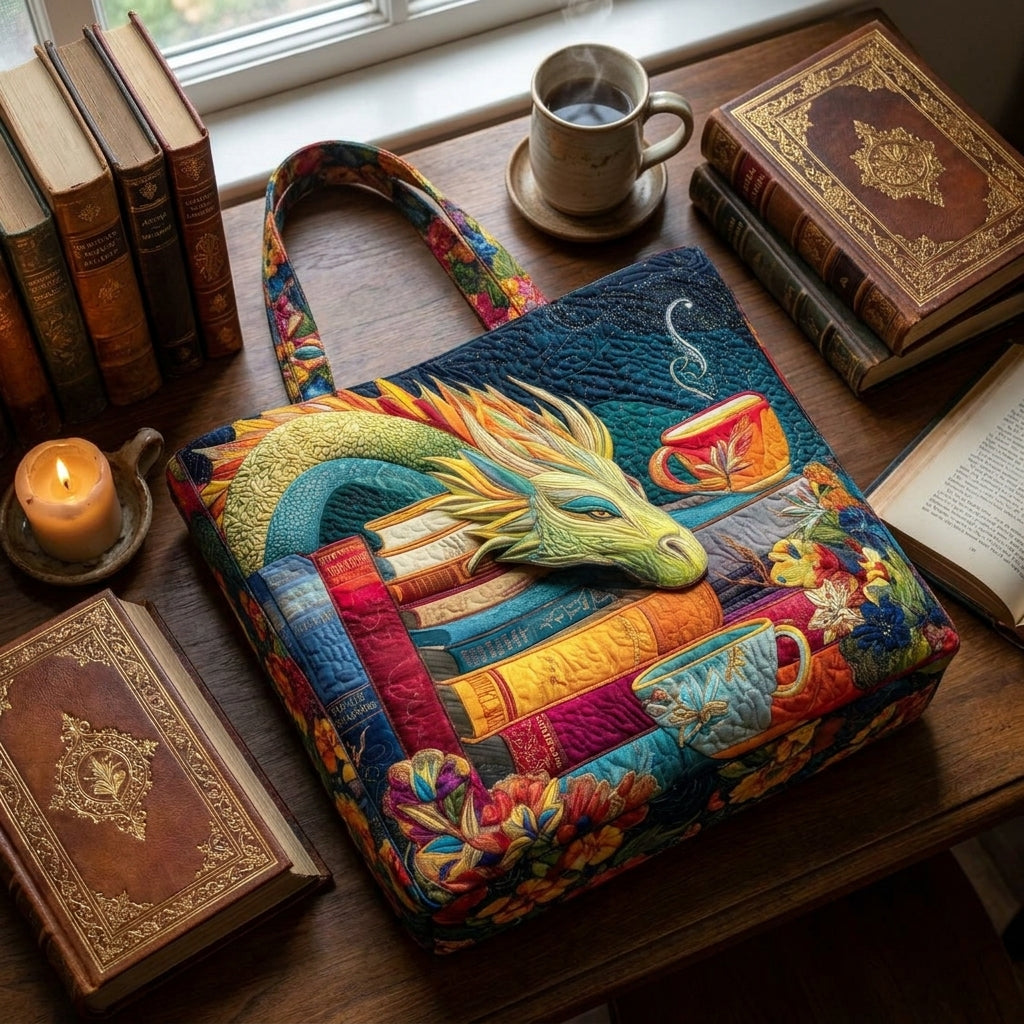 Bolso Artesanal – El Lector de Dragones con Libros y Tazas