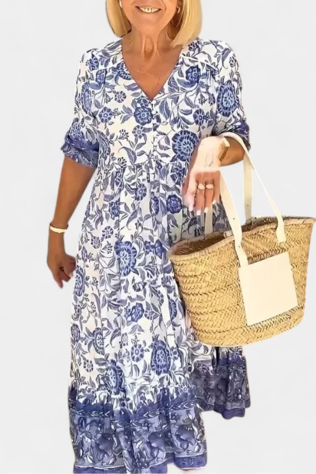 Vestido Floral Bohemio Elcira con Escote en V y Volantes