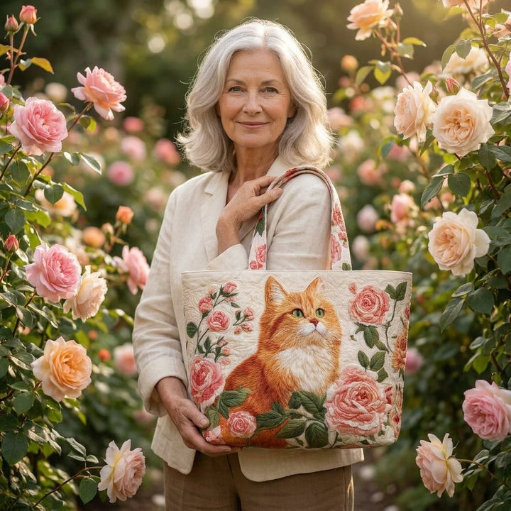 Bolso Artesanal – Gato Naranja con Rosas