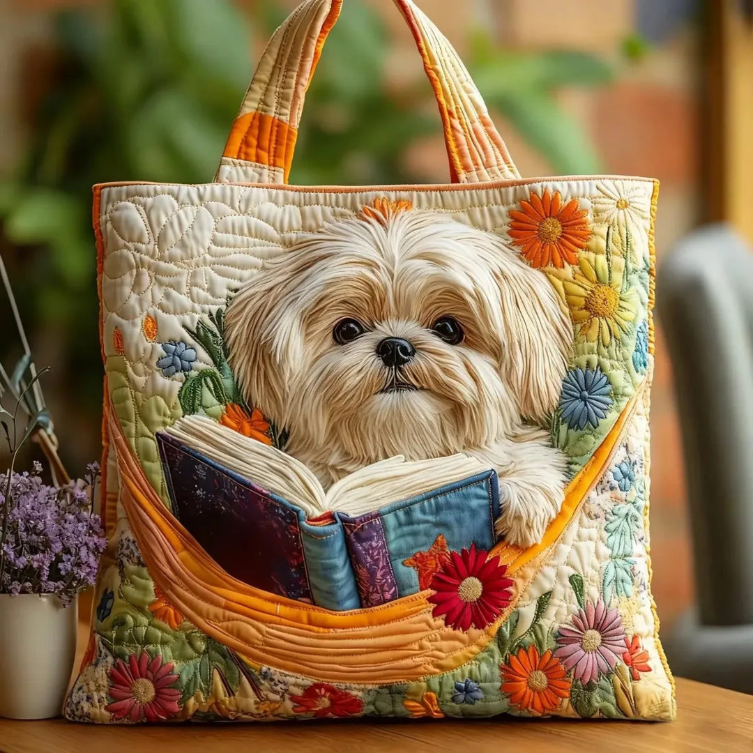Bolso Artesanal – Shih Tzu con Libros y Flores