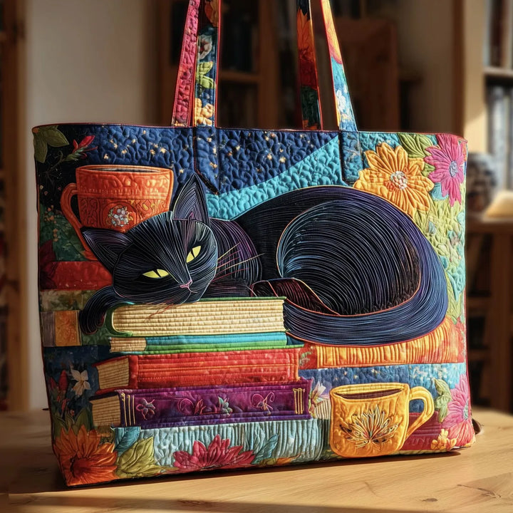 Bolso Artesanal – Gato Negro con Libros y Tazas