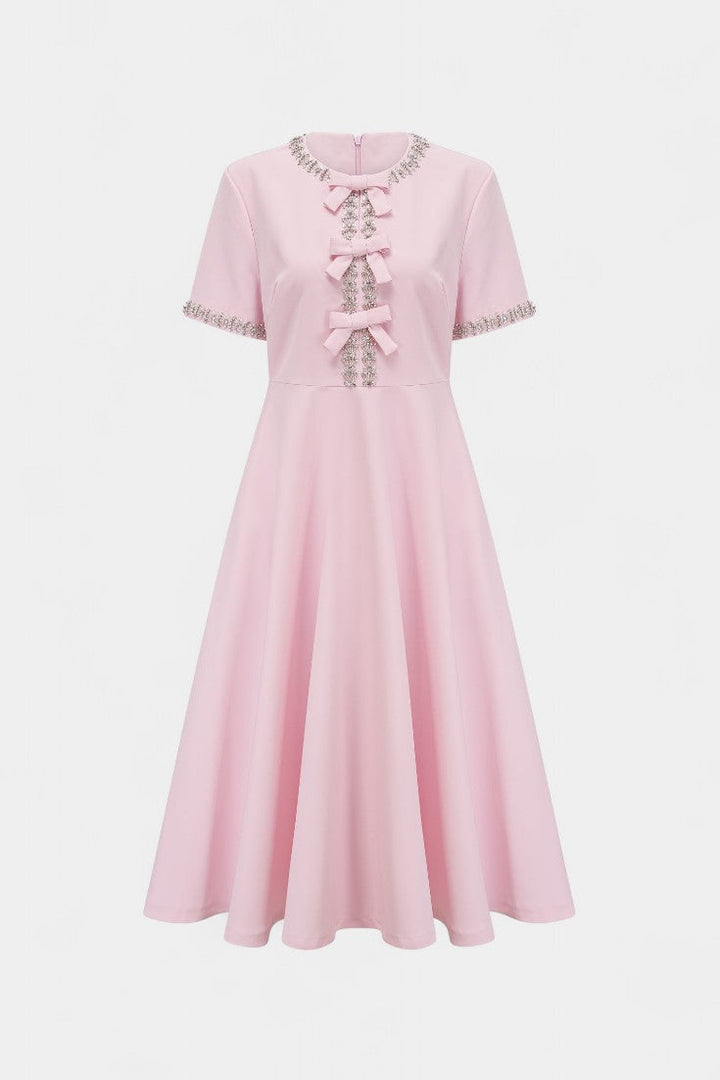 Vestido Midi Acampanado Linda con Lazo de Cristal y Detalles Elegantes