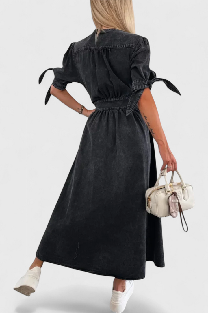 Vestido Midi Adelina de Denim con Botones y Escote en V